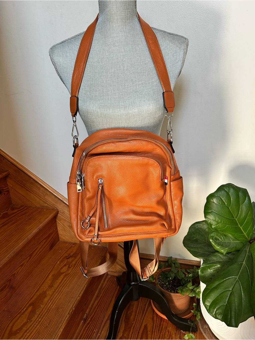 Tan Faux Leather Backpack Purse - Convertible Shoulder & Crossbody